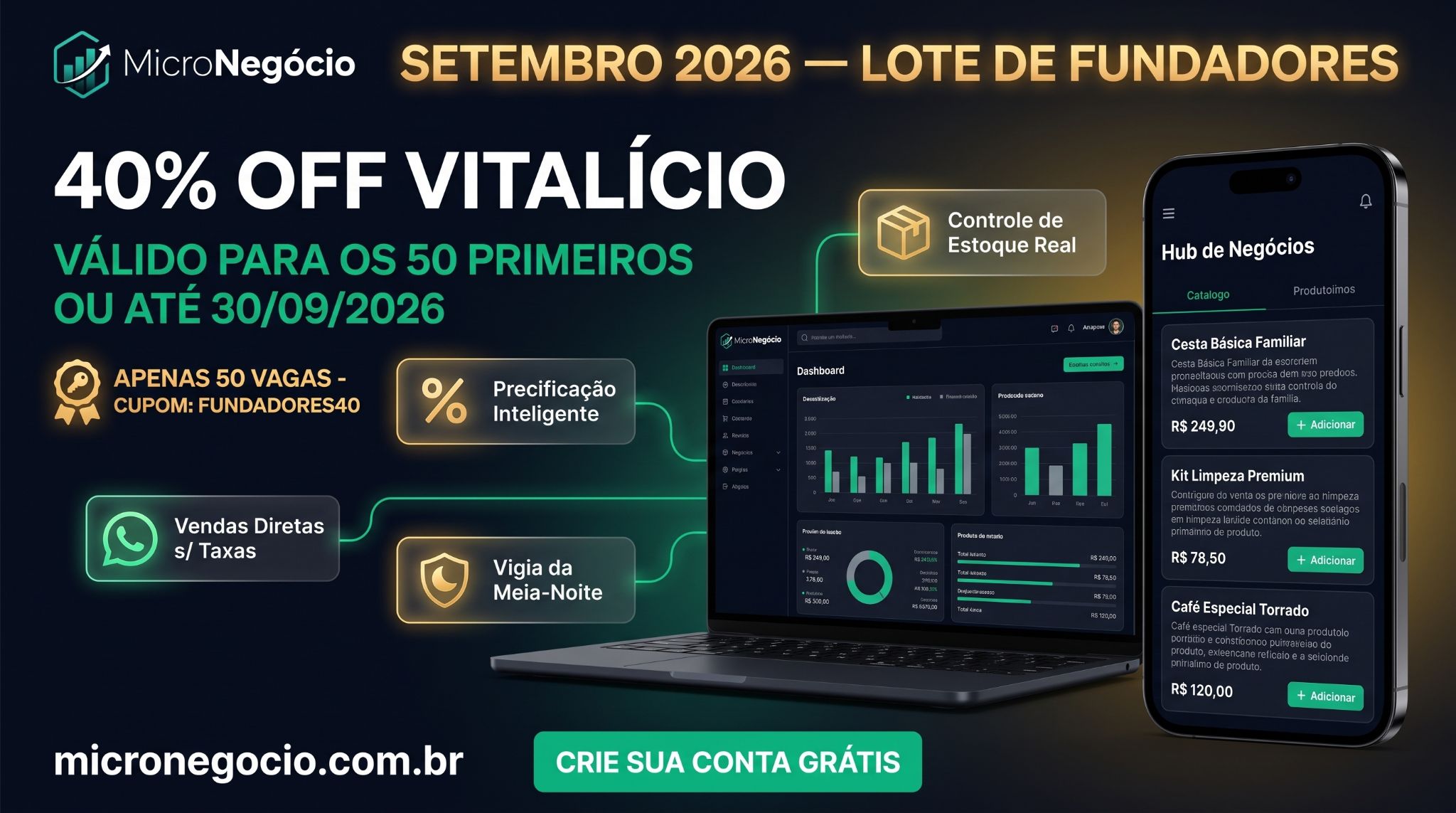Oferta Fundadores — 40% OFF vitalício